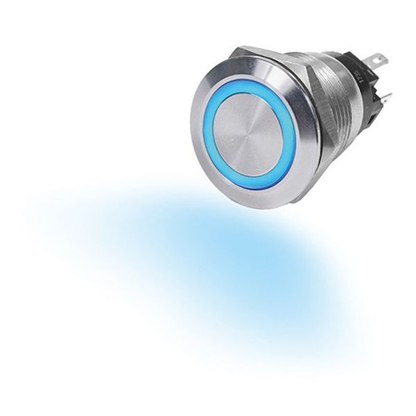 Blue Sea SS Push Button Switch with Blue LED Ring (10A, Off-On)