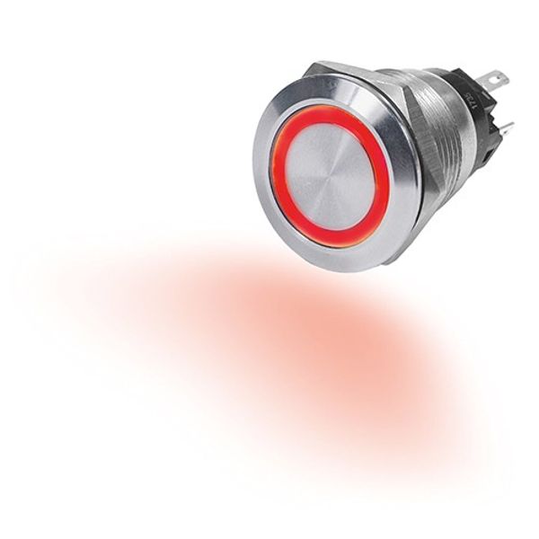 Blue Sea SS Push Button Switch with Red LED Ring (10A, Off-Spring On)